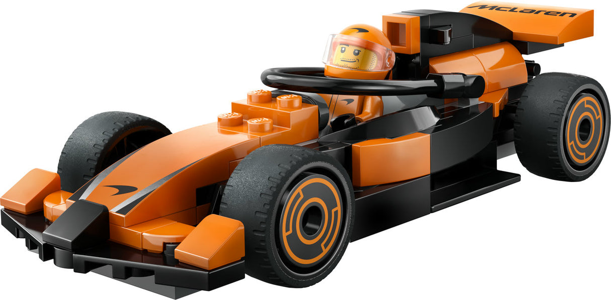 City F1 Driver with McLaren Race Car LEGO set featuring an orange F1 car and driver minifigure for kids aged 6+.