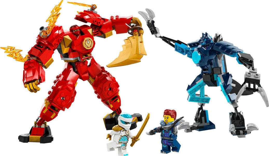 Ninjago Kai’s Elemental Fire Mech with posable arms, minifigures, and battle accessories in red and blue mech designs.