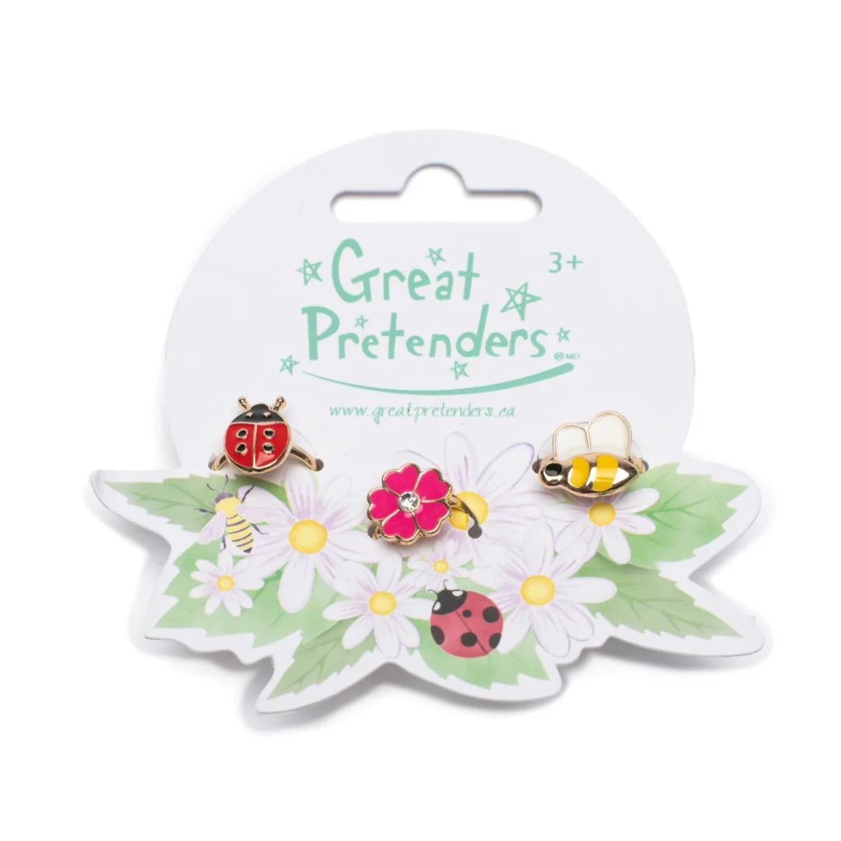 Ladybug Garden Ring Set featuring adjustable ladybug, bumble bee, and pink flower rings on floral card display.