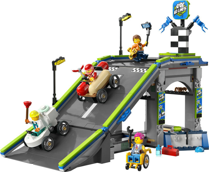 City No Limits: Race Car Ramp Track with quirky soapbox cars racing down a ramp and four minifigures playing.