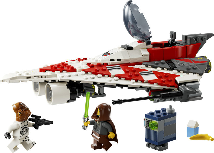 LEGO Star Wars Jedi Bob's Starfighter features a red and white starfighter with minifigures and a droid.
