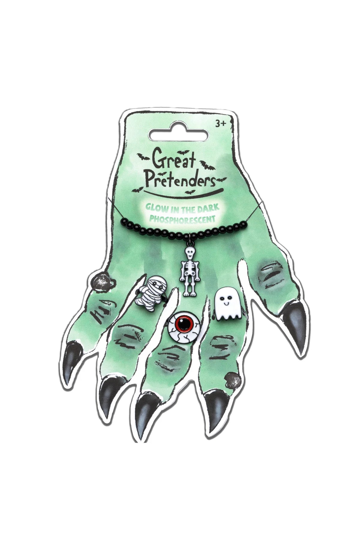 Witch Hand Rings & Bracelet with glow in the dark skeleton, mummy, ghost, and eyeball charms on spooky green hand display.