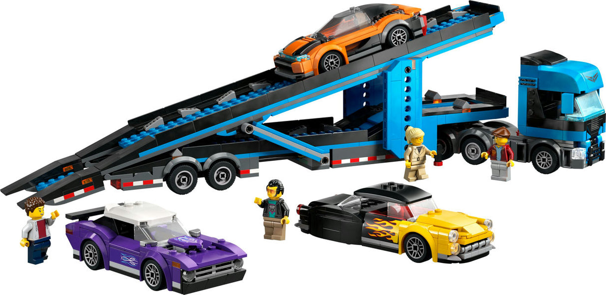 City Car Transporter Truck with Sports Car toy set featuring a truck, trailer, three cars, and four minifigures.