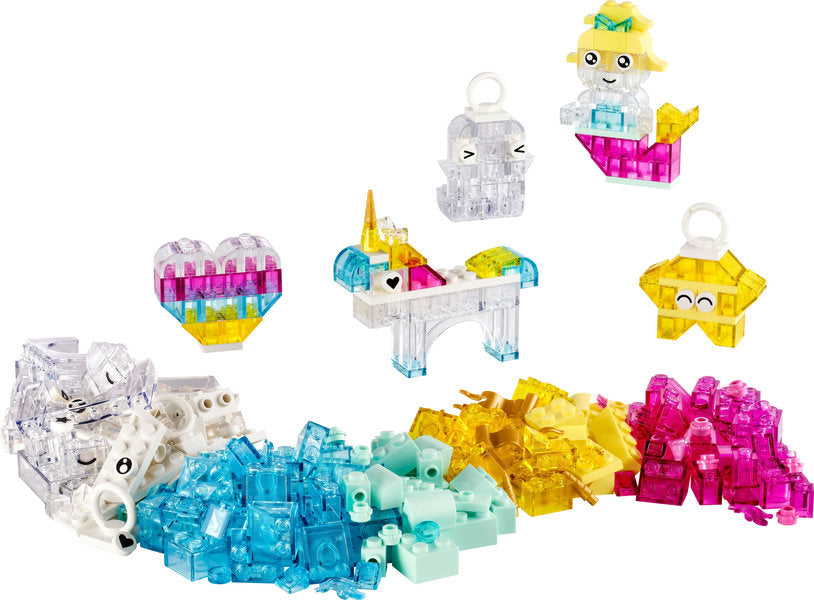 Classic Magical Transparent Box featuring colorful translucent building bricks and creative fantasy models including mermaid and unicorn.