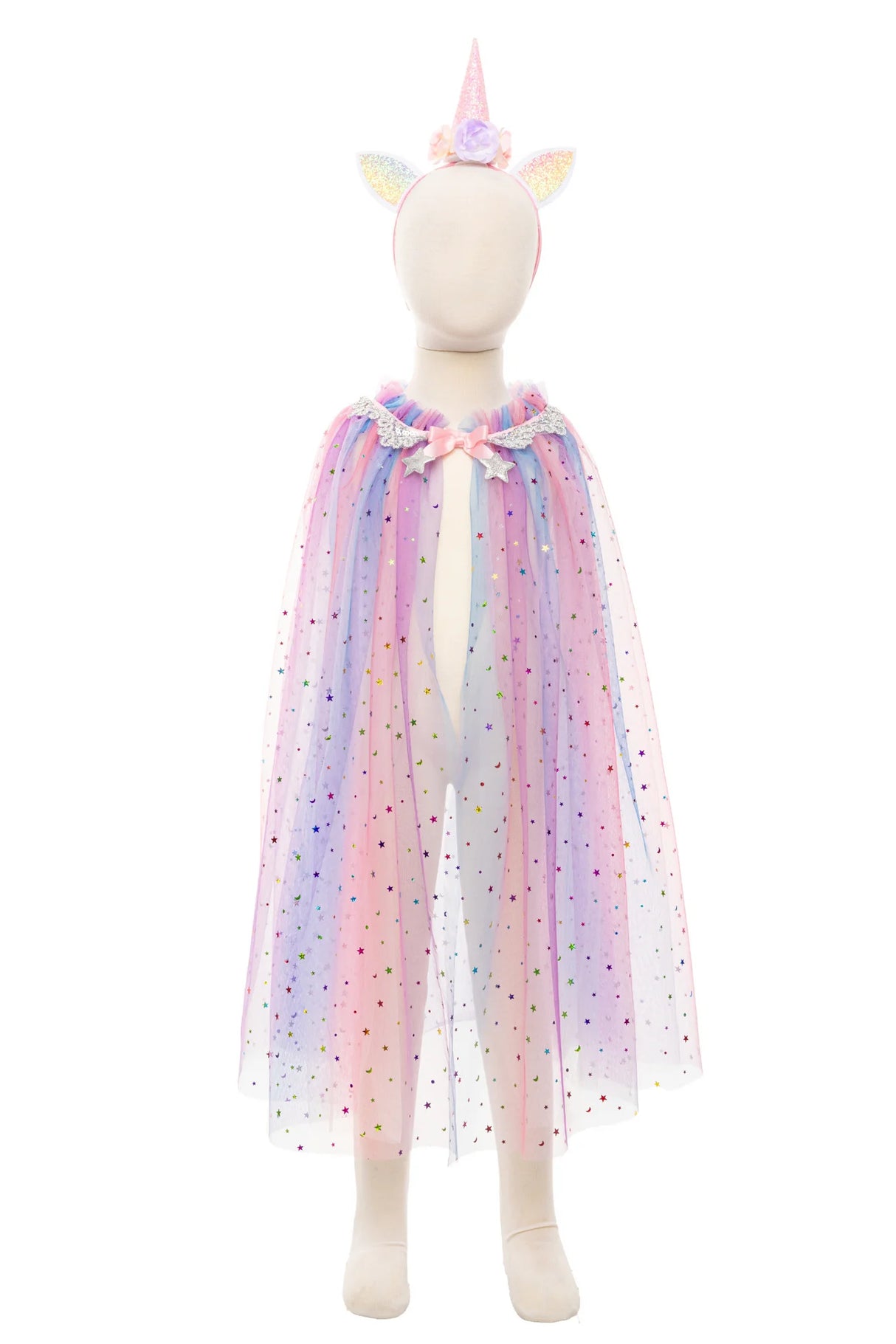 Rainbow Unicorn Cape & Headband featuring a pastel sequin cape and sparkly iridescent unicorn headband with floral accents.