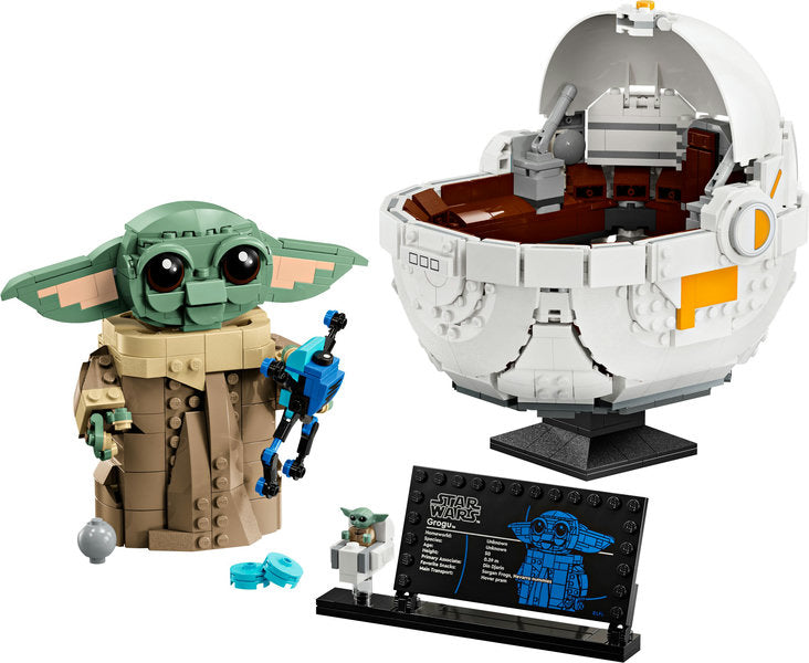 Star Wars Grogu with Hover Pram buildable model with posable head, frog snack, and display plaque.