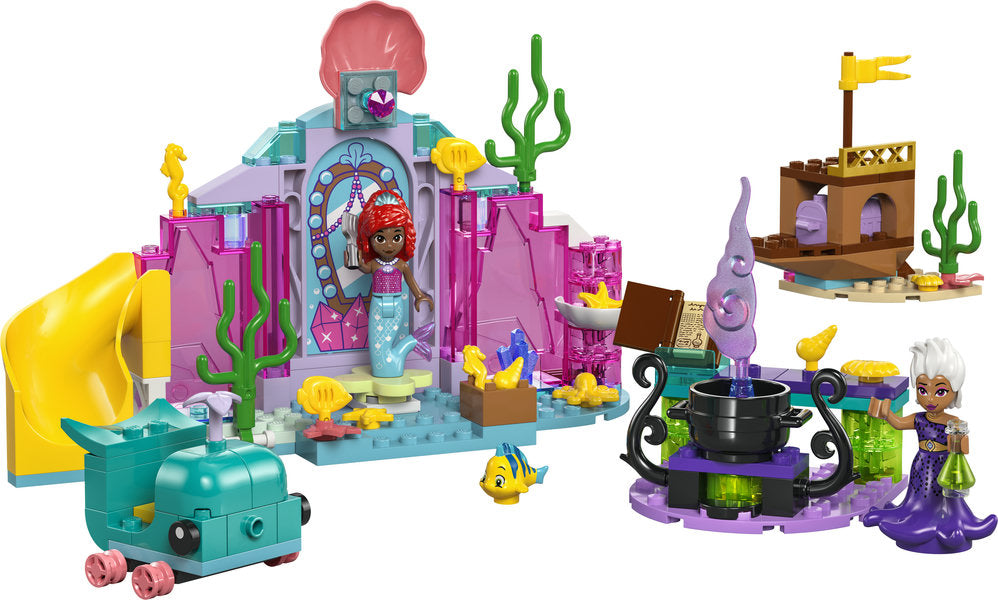 Disney Princess Ariel's Crystal Cavern LEGO set with spinning platform, slide, whale vehicle, and mini dolls Ariel and Ursula.