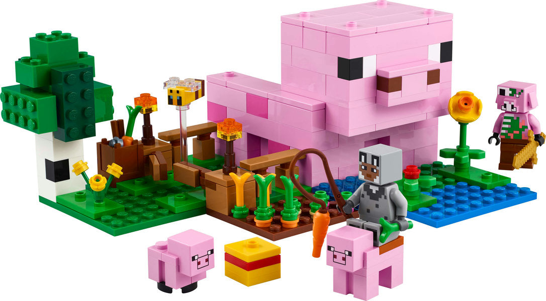 Minecraft The Baby Pig House set featuring pig-shaped house, baby pig, hero, farm, and garden elements for creative play.