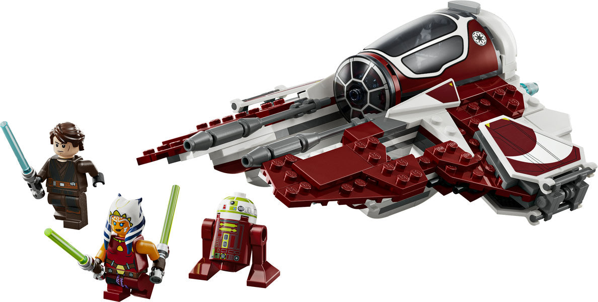 Star Wars Ahsoka's Jedi Interceptor LEGO set with minifigures Ahsoka Tano, Anakin Skywalker, and R7-A7 droid.