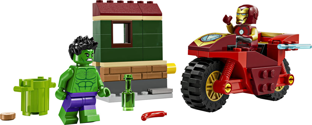 Super Heroes Marvel Iron Man with Bike and The Hulk LEGO set featuring minifigures, bike, and collapsible building.
