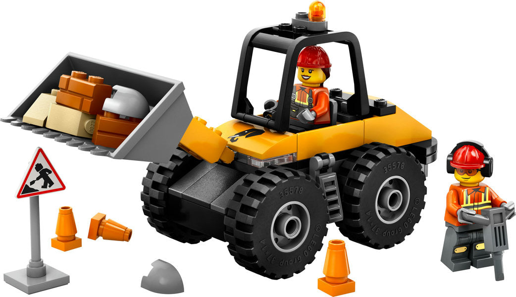 City Yellow Construction Wheel Loader with driver and worker minifigures, roadwork sign, cones, and jackhammer toy set.