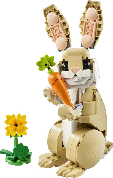 Creator Cute Bunny LEGO figure holding a carrot with a sunflower accessory, designed for imaginative play and building.