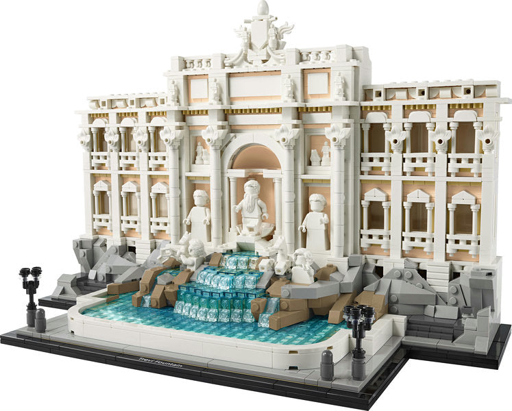 LEGO Architecture Trevi Fountain model showing detailed facade, statues, and cascading water in a collectible Rome memorabilia building set.