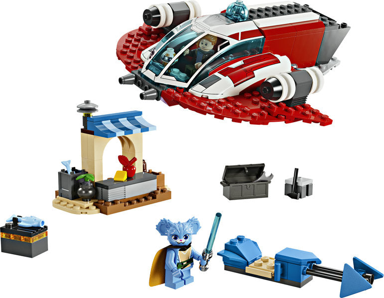 Star Wars The Crimson Firehawk LEGO set with starship, speeder bike, marketplace, and three minifigures for children.