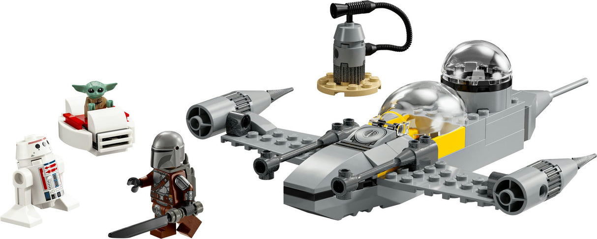 Star Wars Mando and Grogu's N-1 Starfighter LEGO set with Mandalorian, Grogu, and R5-D4 figures and buildable starfighter.