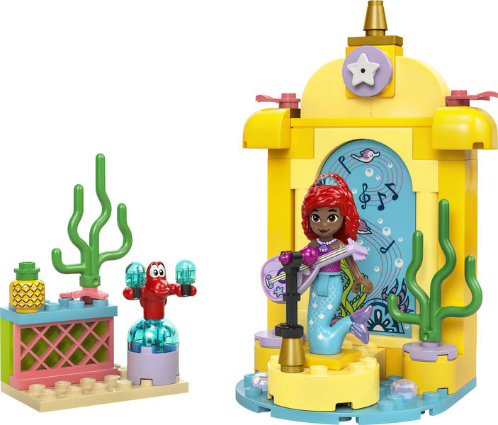 LEGO Disney Princess Ariel's Music Stage with Ariel mini-doll, Sebastian figure, and colorful buildable playset.