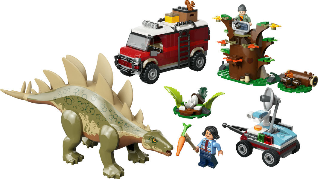 Jurassic Dinosaur Missions: Stegosaurus Discovery set with Stegosaurus, minifigures, red vehicle, tree lookout, and rover.