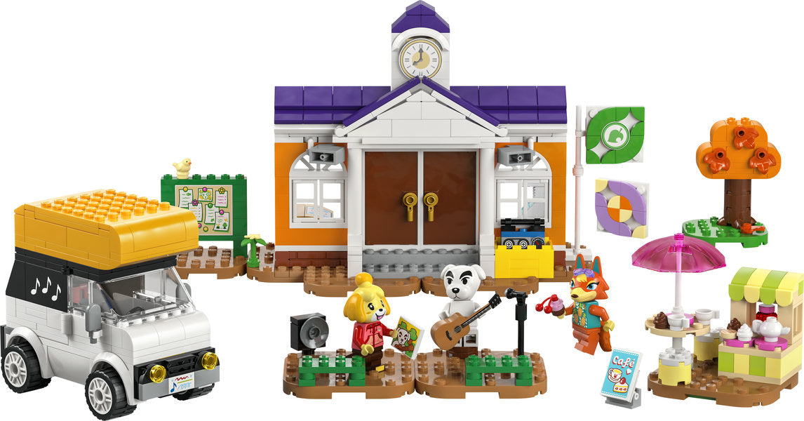Animal Crossing K.K.'s Concert at the Plaza LEGO set featuring camper, minifigures, town hall, café, and interactive accessories.
