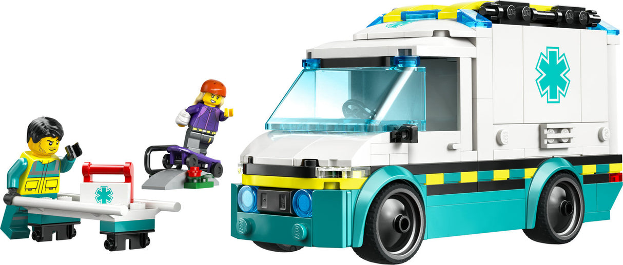 LEGO City Emergency Ambulance toy with ambulance vehicle, stretcher, skateboard, paramedic and skateboarder minifigures.