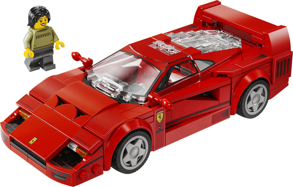 Speed Ferrari F40 Supercar LEGO model in red with detailed design and driver minifigure included for kids age 9+.