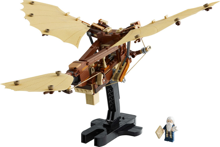 LEGO Icons Leonardo da Vinci's Flying Machine model with flappable wings and da Vinci minifigure on display stand.