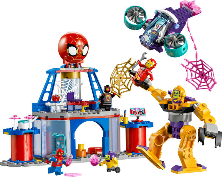 Spidey Team Spidey Web Spinner Headquarters LEGO set with minifigures, mech, glide spinner, and play building.