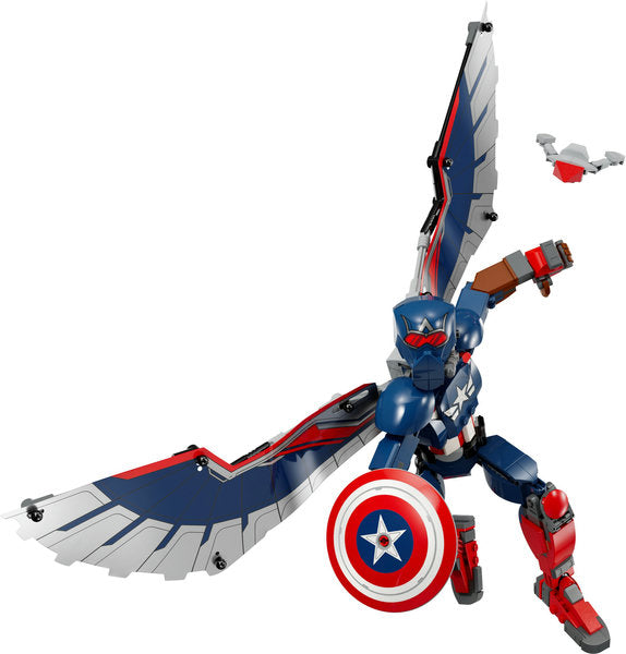 Super Heroes Marvel New Captain America Construction Figure with movable joints, large foil wings, shield, and buildable Redwing drone.
