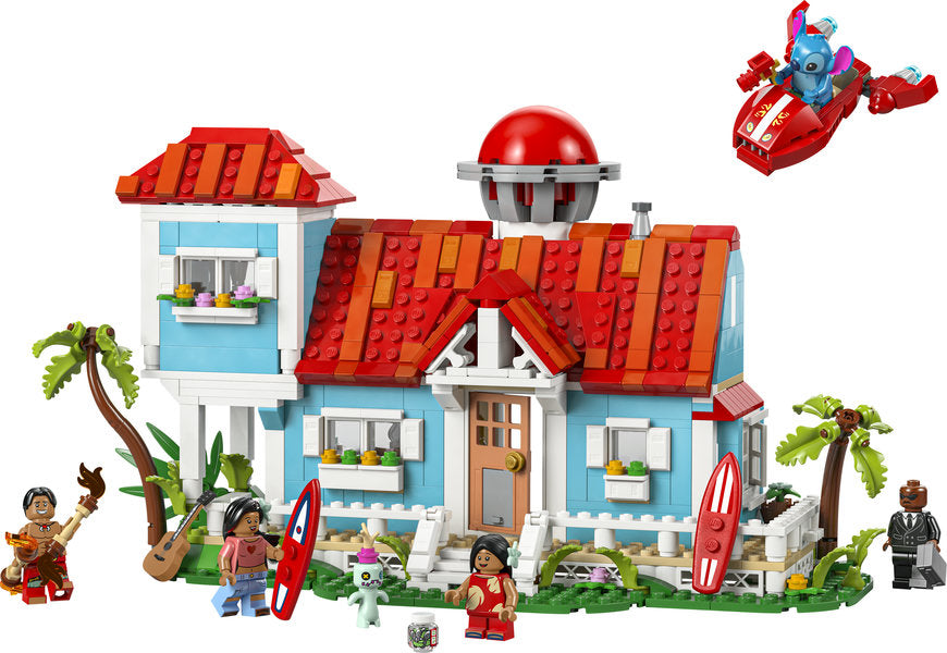 Disney Lilo & Stitch Beach House LEGO set featuring a two-level blue and red beach house with minifigures and accessories.