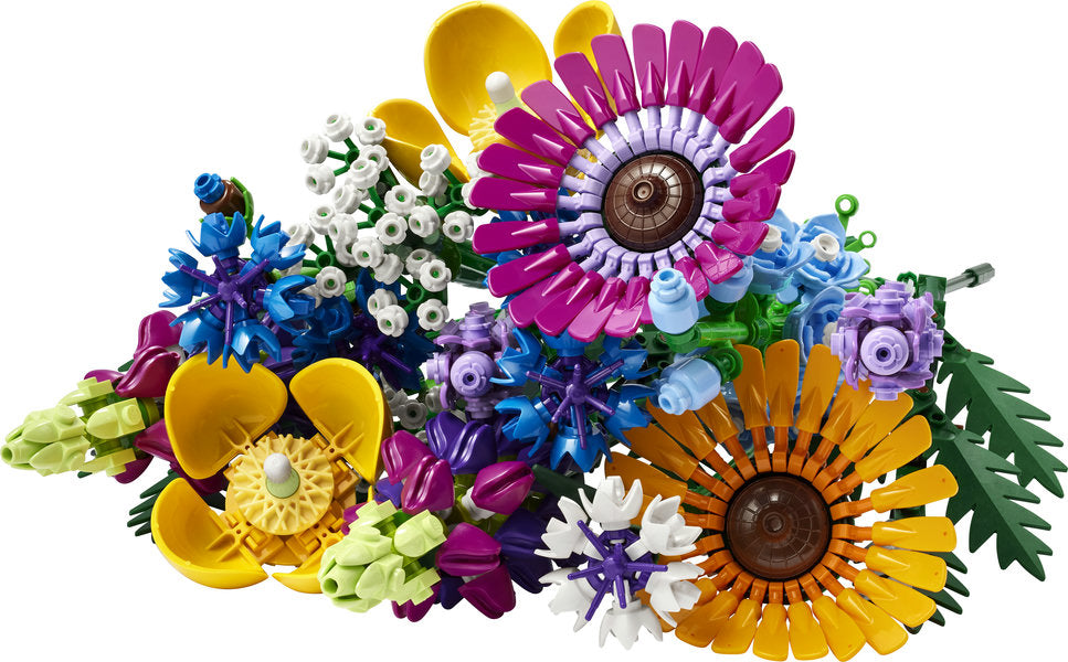 Botanicals Wildflower Bouquet LEGO set featuring colorful, intricate flowers on adjustable stems for creative home decor.