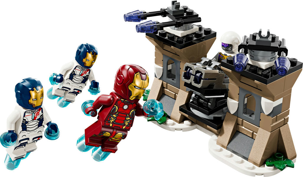 Super Heroes Marvel Iron Man & Iron Legion vs Hydra Soldier with flying minifigures attacking Hydra base playset.