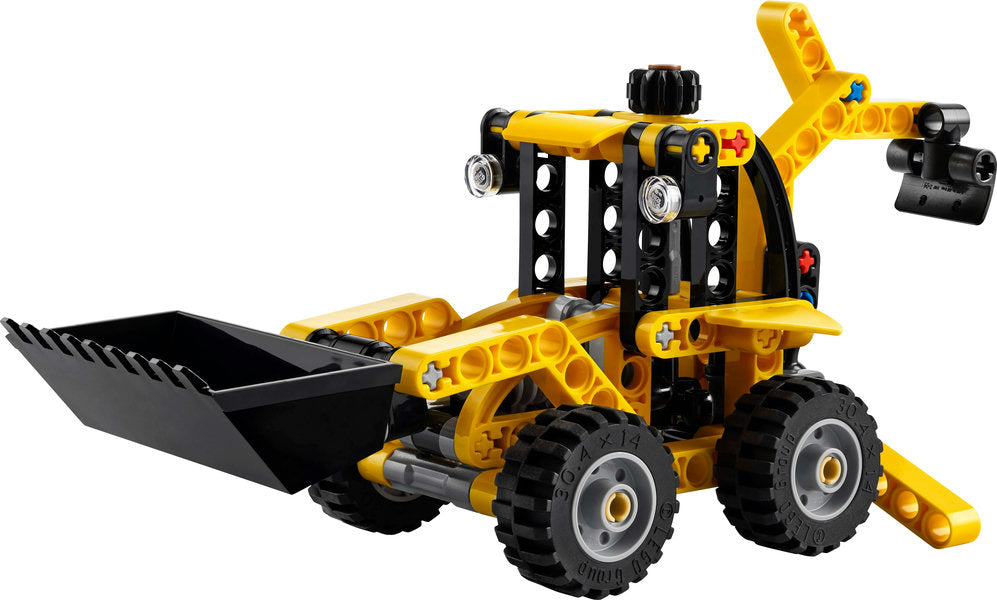 Technic Backhoe Loader toy model featuring movable front scoop and rear digger for imaginative construction play.
