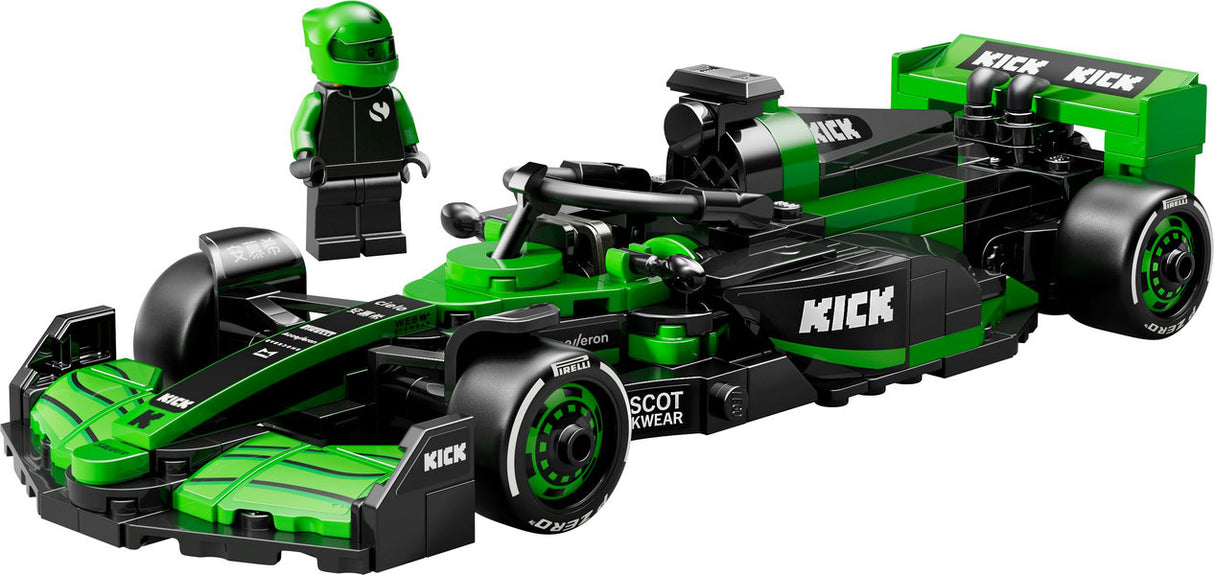 LEGO Speed KICK Sauber F1 Team C44 race car with driver minifigure, detailed design, cockpit, and sponsor decals.