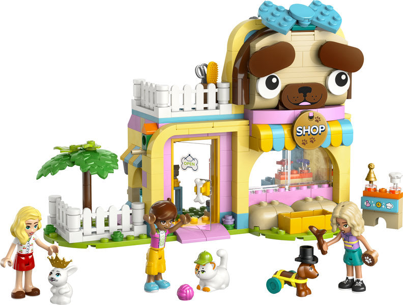 Friends Pet Accessories Shop with building shaped like dog, three kids, pets, and pet accessories playset.
