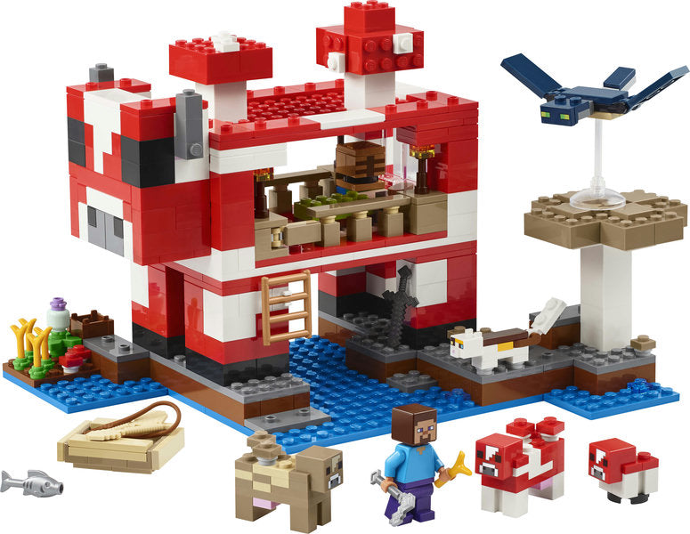 Minecraft The Mooshroom House LEGO set featuring mushroom island house, Steve, mooshrooms, cat, and flying phantom.
