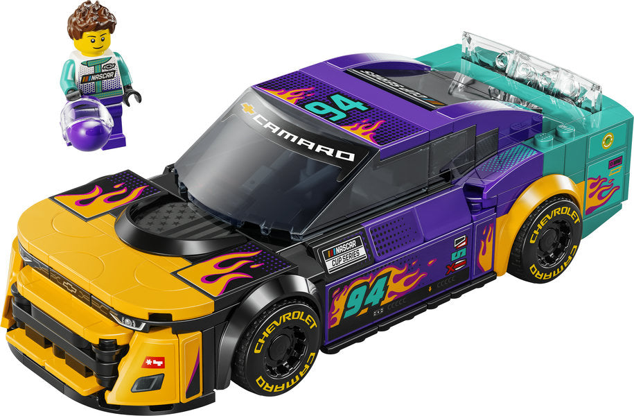 Speed Nascar Next Gen Chevrolet Camero ZL1 LEGO race car toy with driver minifigure and detailed racing features.