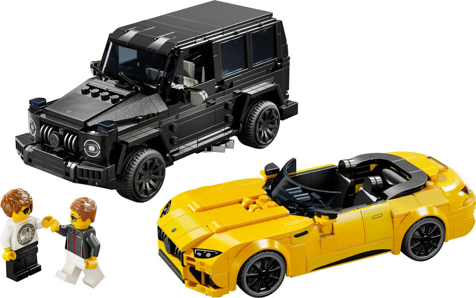 LEGO Speed Champions Mercedes-AMG G 63 & Mercedes-AMG SL 63 with two driver minifigures and detailed design features.