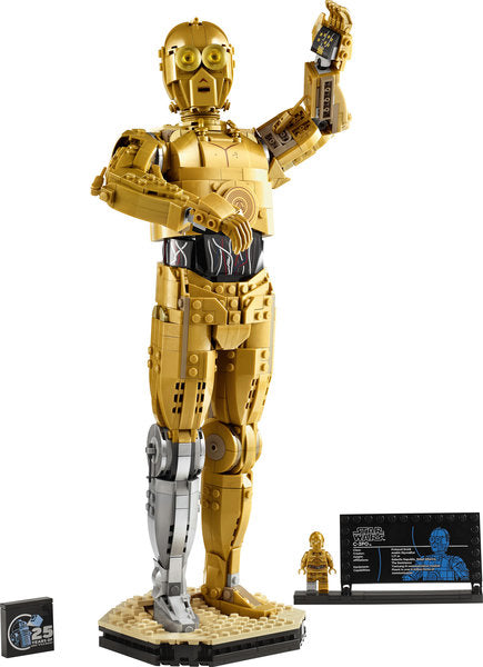 LEGO Star Wars C-3PO buildable figure with movable arms, display stand, minifigure, and 25th anniversary brick.