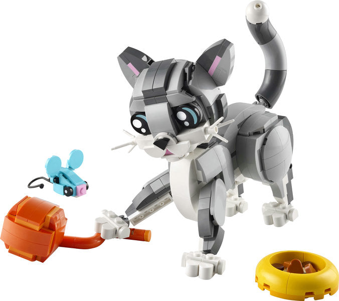 Creator Playful Cat LEGO set features a posable gray cat with a toy mouse and accessories for imaginative play.