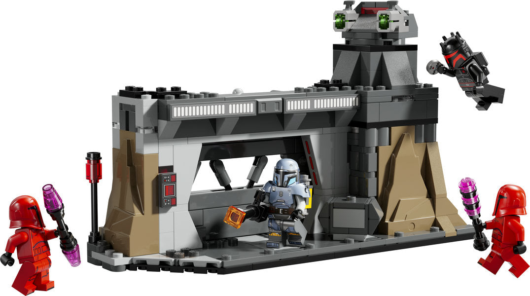LEGO Star Wars Paz Vizsla and Moff Gideon Battle set with Mandalorian base, minifigures, and stud-shooting turret.