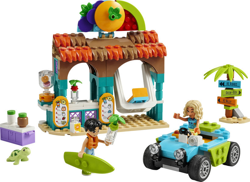 LEGO Friends Beach Smoothie Stand with buildable smoothie bar, beach buggy, mini dolls Nova and Niko, and accessories.