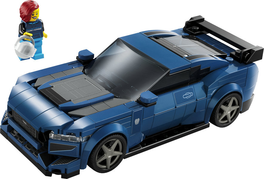 Speed Ford Mustang Dark Horse LEGO car in blue with detailed design and a driver minifigure holding a helmet.