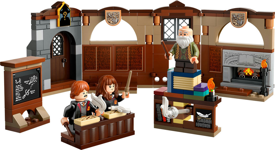 Harry Potter Hogwarts Castle: Charms Class LEGO set with classroom, chalkboard, and wizard minifigures for imaginative play.