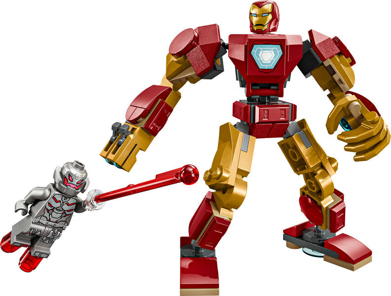 Super Heroes Marvel Iron Man Mech vs Ultron LEGO set with buildable mech, Iron Man and Ultron minifigures.