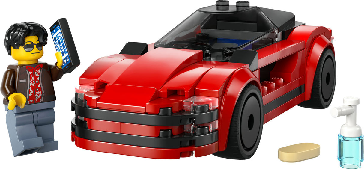 City Red Sports Car toy with tinted cockpit, cool rims, driver minifigure, toy phone, and cleaning accessories.