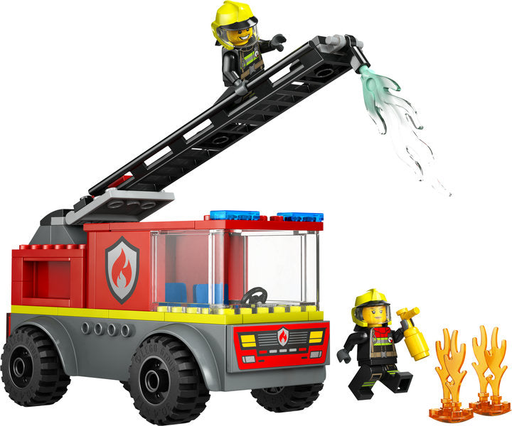 City Fire Ladder Truck toy with raisable ladder, firefighter minifigures, extinguisher, and flicker flames for role play.