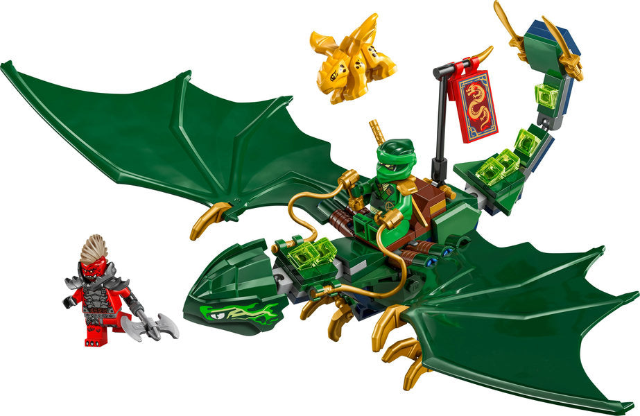 Ninjago Lloyd's Green Forest Dragon toy with posable wings, two minifigures, and a golden Dragon Baby model.
