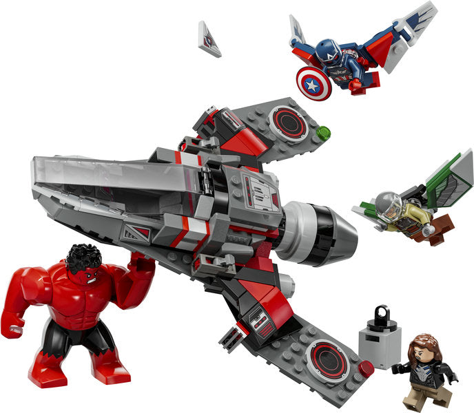 Super Heroes Marvel Captain America vs Red Hulk Battle with fighter jet, Captain America, Red Hulk, and Falcon minifigures.
