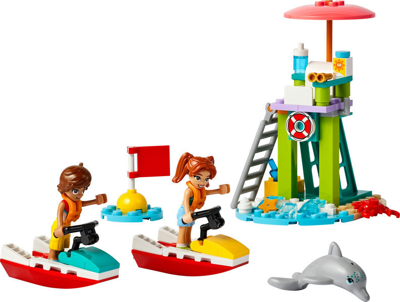 LEGO Friends Beach Water Scooter set with 2 mini dolls on water scooters, lifeguard tower, and dolphin toy figure.