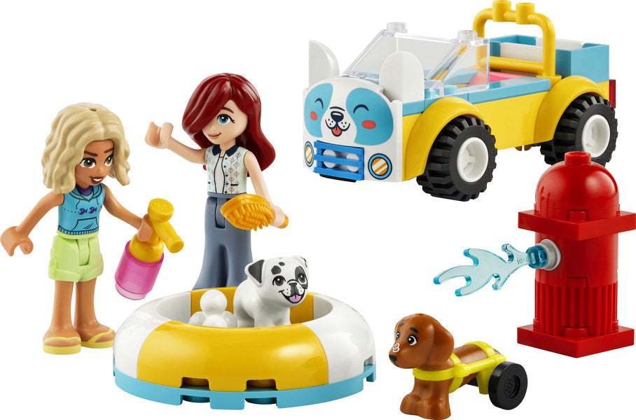 Friends Dog-Grooming Car toy set with two figures, pups, grooming accessories, and a colorful dog-themed car.