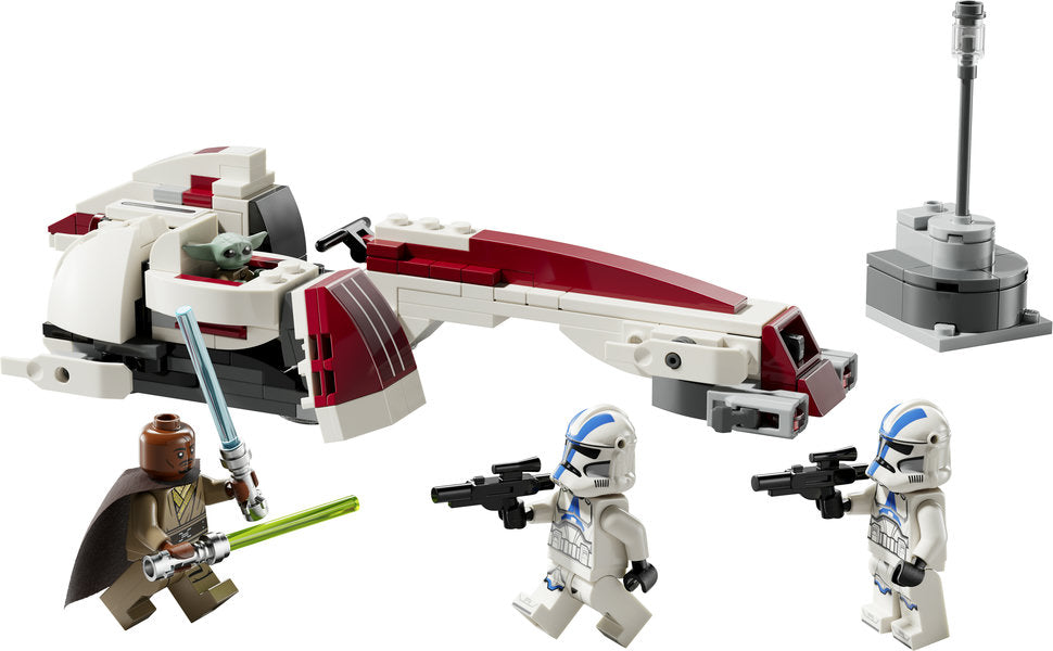 LEGO Star Wars BARC Speeder Escape set with speeder bike, Grogu, Kelleran Beq, and 501st Clone Troopers minifigures.